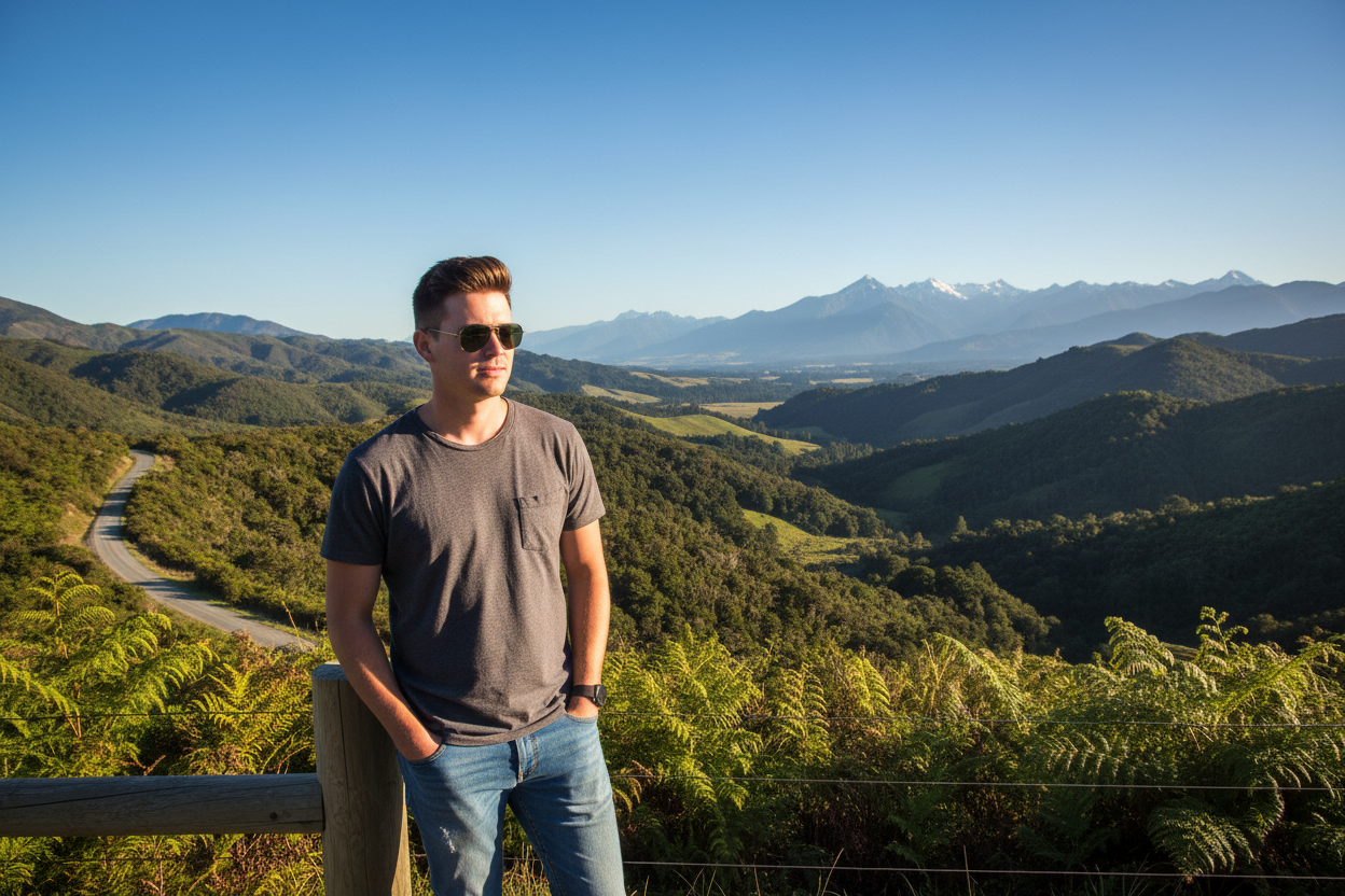 young man wearing dark sunglasses in a new zealand setting. Man is wearing casual clothesc0ce169f-1329-47fc-9e42-915e4961aa32